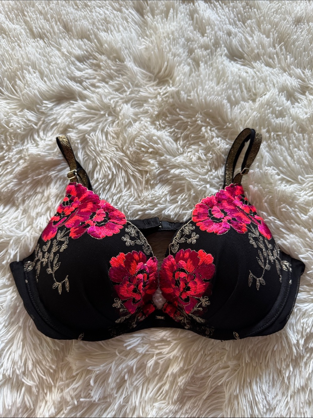 Victoria’s Secret Plunge PushUp Bra with Rose Appliqués/ Gold Straps